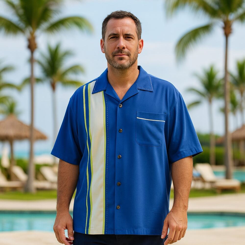 Island Republic 100% Silk Bowling/Resort Shirt XXL Blue Cream Stripe